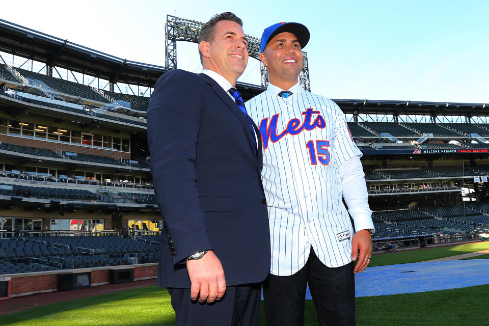 NEW YORK, NY - NOVEMBER 04: Carlos Beltran poses with General Manager Brodie Van Wagenen after a press conference naming him as the team's new manager at Citi Field on November 4, 2019 in New York City. (Photo by Rich Schultz/Getty Images)