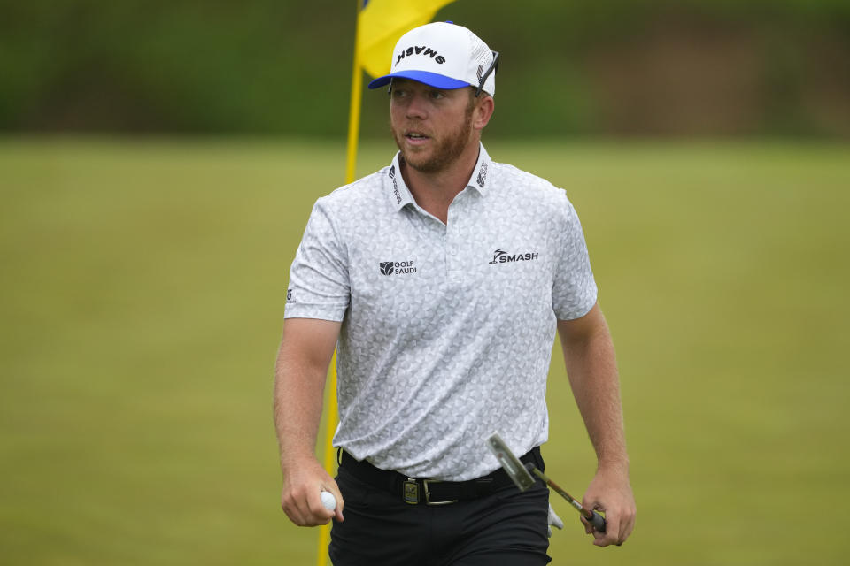 Taylor Gooch walks on the green on the fourth hole during a practice round for the PGA Championship golf tournament at the Valhalla Golf Club, Wednesday, May 15, 2024, in Louisville, Ky. (AP Photo/Matt York)