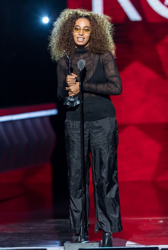 NEWARK, NJ - AUGUST 05: Singer-songwriter Solange Knowles accepts her Award onstage during Black Girls Rock! 2017 at New Jersey Performing Arts Center on August 5, 2017 in Newark, New Jersey. (Photo by Gilbert Carrasquillo/FilmMagic)