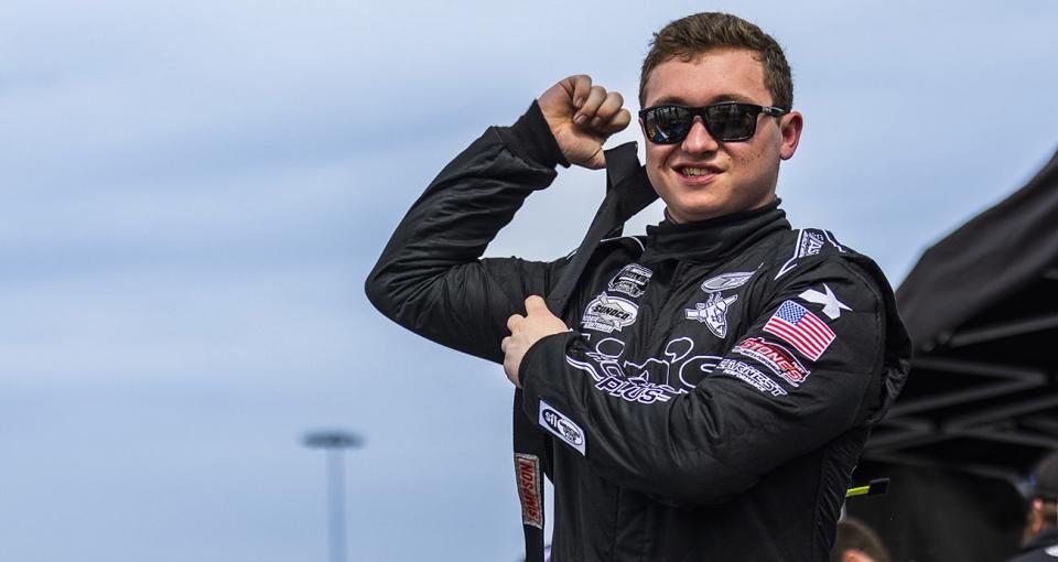 Jake Johnson, driver of the #3 Propane Plus, Linís, during the New Smyrna Beach Visitors Bureau 200 for the NASCAR Whelen Modified Tour during night 2 of the World Series of Asphalt Stock Car Racing at New Smyrna Speedway in New Smyrna, Florida on February 11, 2023. (Adam Glanzman/NASCAR)