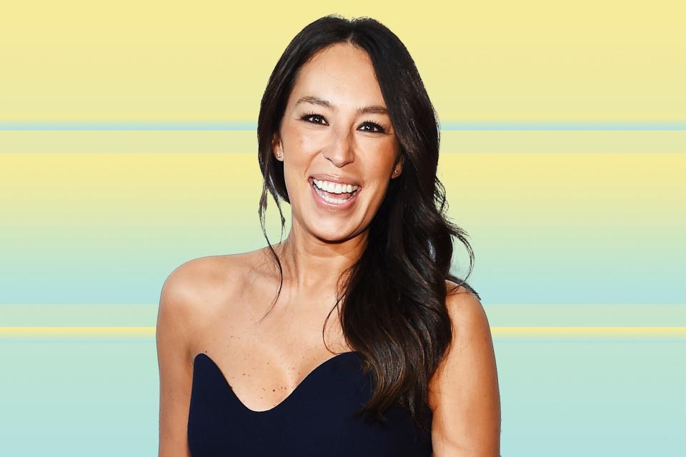 Joanna Gaines on a designed background