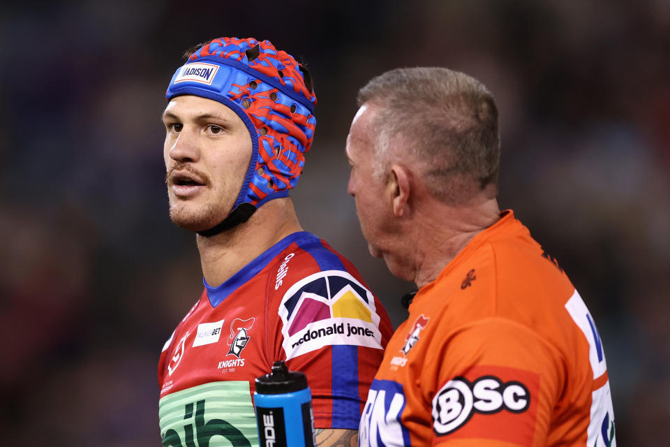 Seen here, Kalyn Ponga receiving attention after being tackled high in an NRL game for Newcastle against the Roosters. 