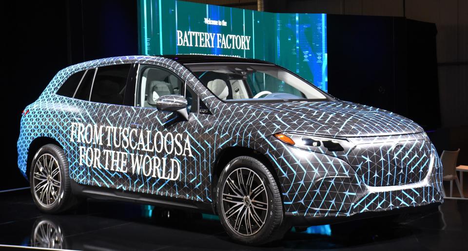 Mercedes-Benz U.S. International held the opening for the company’s new battery factory in Woodstock, Ala., located between Birmingham and Tuscaloosa Tuesday, March 15, 2022. The new EQS electric SUV is on display during the ceremony.