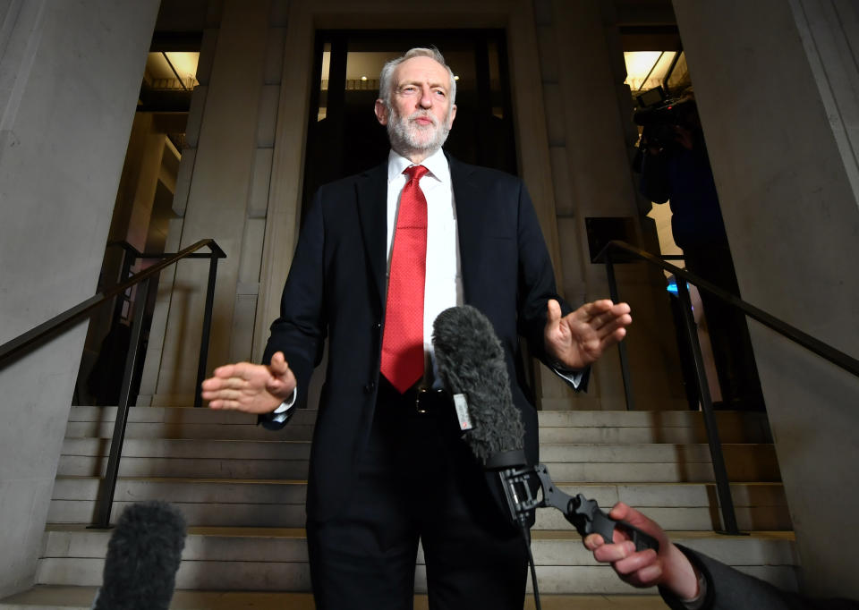 Labour Party leader Jeremy Corbyn speaking after a Labour clause V meeting on the manifesto at Savoy Place in London.