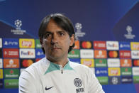 Inter Milan's head coach Simone Inzaghi waits the start of the press conference during a media day ahead of the Champions League soccer final, at the Suning training center, in Appiano Gentile, northern Italy, Monday, June 5, 2023. Inter Milan will play a Champions League final against Manchester City in Istanbul, Turkey, next Saturday, June 10. (AP Photo/Antonio Calanni)
