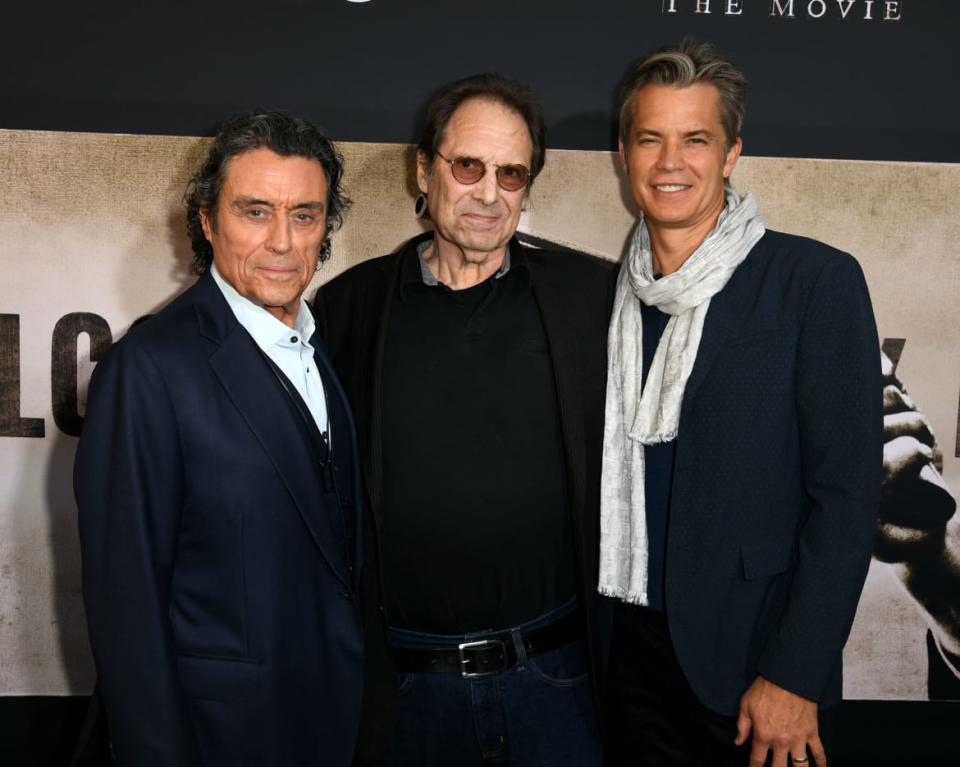 <div class="inline-image__caption"><p>Ian McShane, David Milch and Timothy Olyphant arrive at the premiere of HBO's <em>Deadwood: The Movie</em> at The Cinerama Dome on May 14, 2019, in Los Angeles, California. </p></div> <div class="inline-image__credit">Kevin Winter/Getty</div>