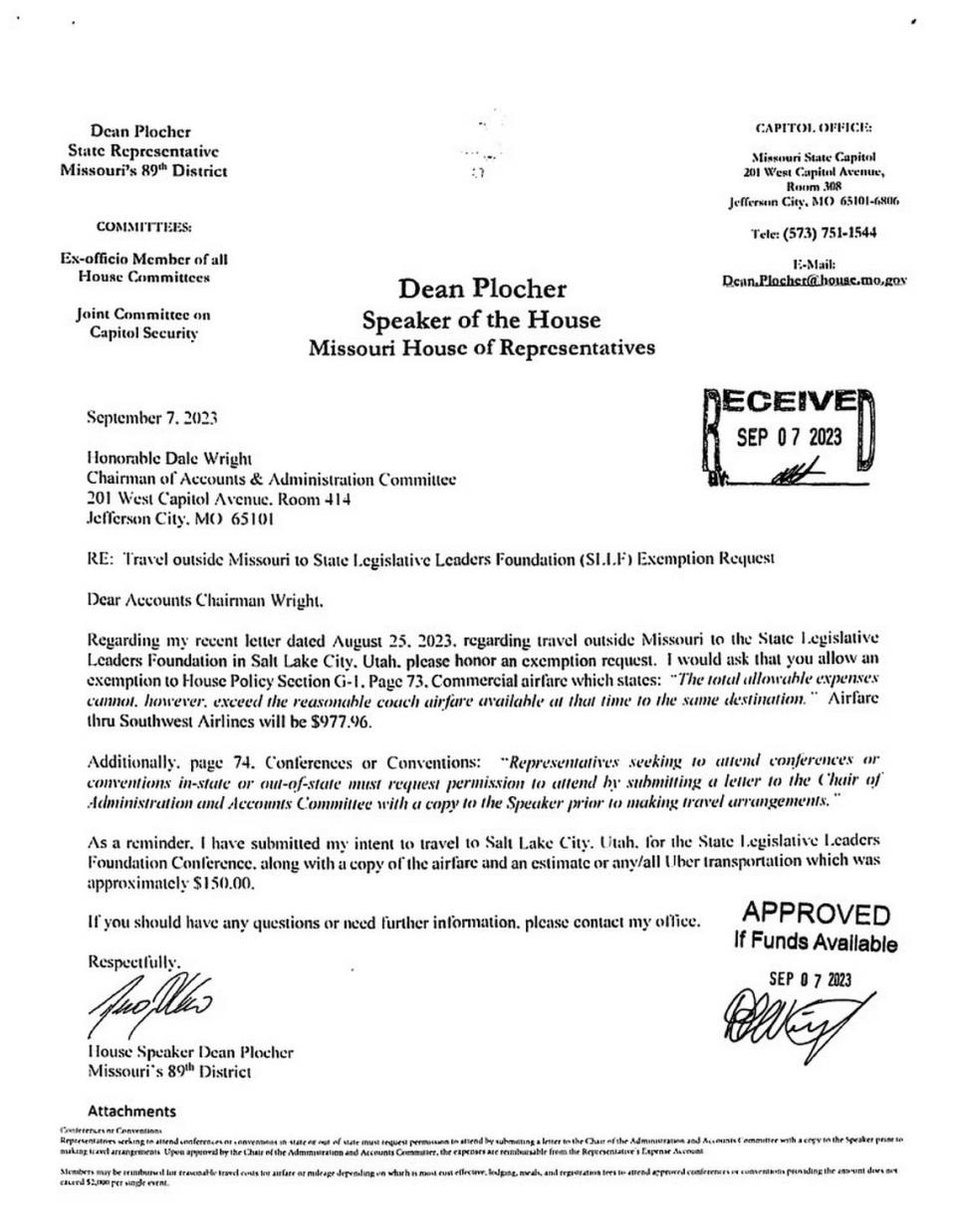 A copy of the exemption request submitted by Missouri House Speaker Dean Plocher, obtained through a records request.