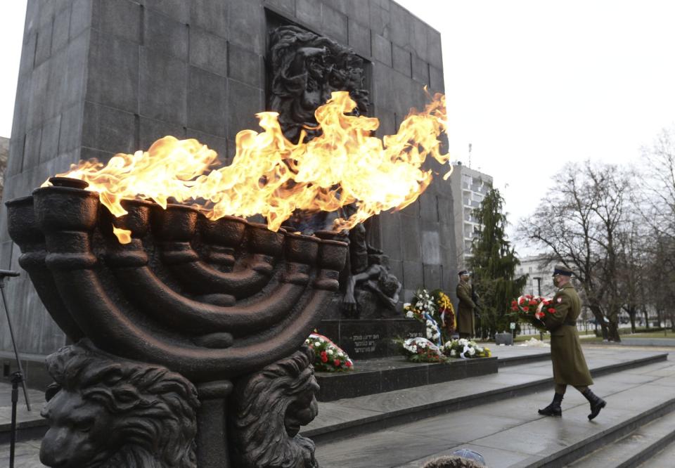 A wreath is laid at the Monument to the Ghetto Heroes in Warsaw.