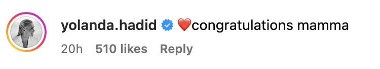 Instagram comment by yolanda.hadid: "congratulations mamma" with a red heart emoji, 510 likes, 20 hours ago