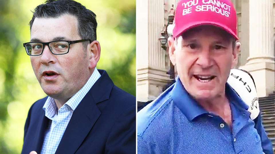 Daniel Andrews, pictured here responding to Sam Newman's protest about the ban on golf.