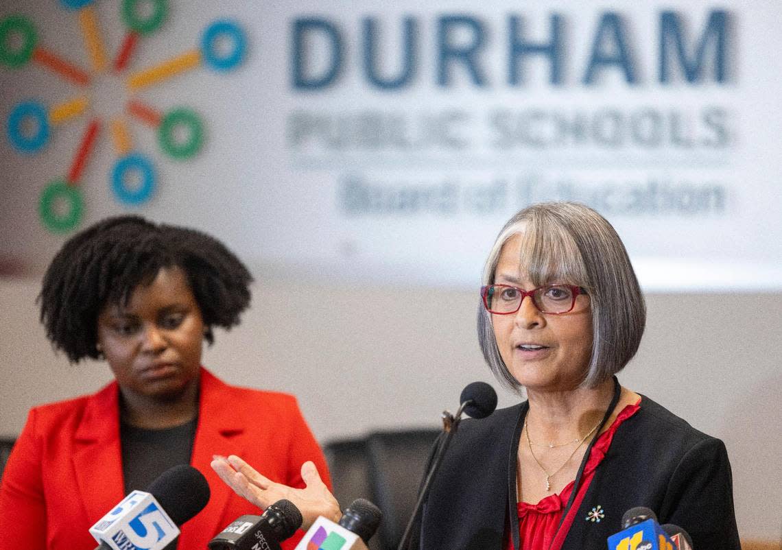 Catty Moore, Interim Superintendent of Durham Schools, flanked by Bettina Umstead, the School Board Chair, fields questions during a press briefing on Wednesday, February 14, 2024 in Durham, N.C. Robert Willett/rwillett@newsobserver.com