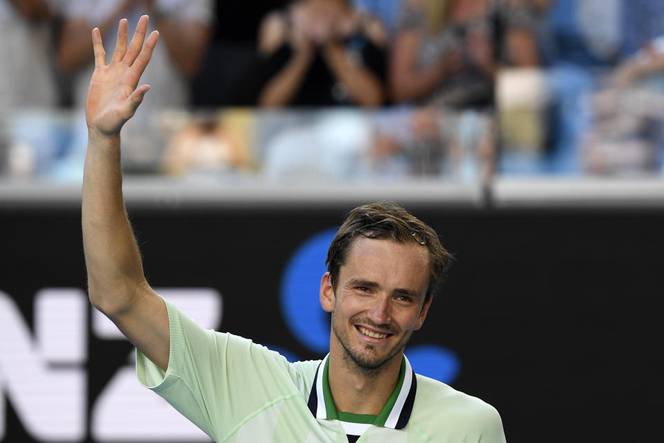 Daniil Medvedev of Russia celebrates after defeating Botic van de Zandschulp of the Netherlands in their third round match at the Australian Open tennis championships in Melbourne, Australia, Saturday, Jan. 22, 2022. (AP Photo/Andy Brownbill)