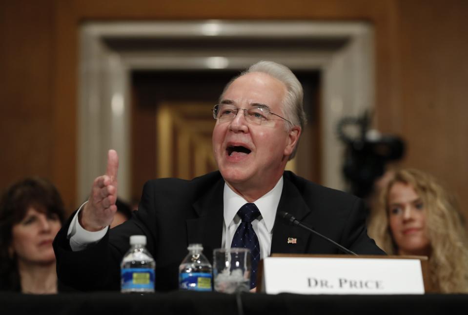 Health and Human Services Secretary-designate, Rep. Tom Price, R-Ga. testifies on Capitol Hill in Washington, Wednesday, Jan. 18, 2017, at his confirmation hearing before the Senate Health, Education, Labor and Pensions Committee. (Photo: AP Photo/Carolyn Kaster)