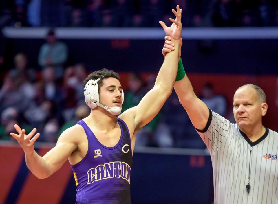 Canton's Joseph Norton celebrates his victory over Yorkville Christian's Jackson Gillen in the 170-pound title match of the  Class 1A state wrestling tournament Saturday, Feb. 18, 2023 at State Farm Arena in Champaign.