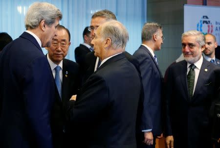 (L-R) U.S. Secretary of State John Kerry, U.N. Secretary General Ban Ki-moon, NATO Secretary-General Jens Stoltenberg, Agha Khan, spiritual leader of Shia Ismaili Muslim community, and Afghanistan's Chief Executive Abdullah Abdullah attend the Brussels Conference on Afghanistan, in Belgium, October 5, 2016. REUTERS/Francois Lenoir