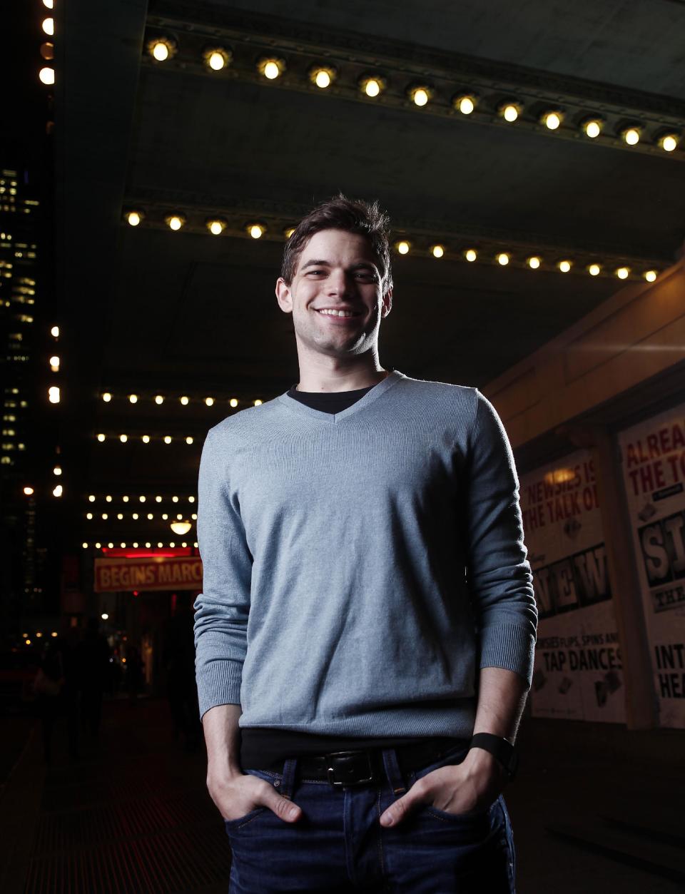 In this Feb. 21, 2012 photo, actor Jeremy Jordan poses for a portrait in New York. Jordan stars in the Broadway musical "Newsies," opening March 29. (AP Photo/Carlo Allegri)