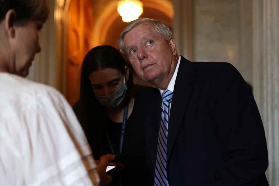 WASHINGTON, DC - JULY 20:  U.S. Sen. Lindsey Graham (R-SC) talks to members of the press after a vote at the U.S. Capitol July 20, 2021 in Washington, DC. Senate Republicans held a weekly policy luncheon to discuss GOP agenda. (Photo by Alex Wong/Getty Images)