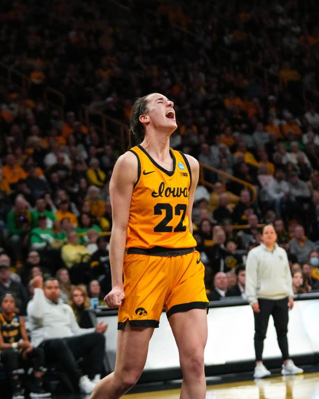Iowa guard Caitlin Clark (22) celebrates a made basket during the first round of the NCAA Tournament in Carver-Hawkeye Arena on Friday, March 17, 2023.