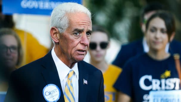 PHOTO: Rep. Charlie Crist addresses supporters and members of the media as he arrives to vote in person on Election Day at Gathering Church, Aug. 23, 2022, in St. Petersburg, Fla. (Dirk Shadd/Tampa Bay Times via AP)