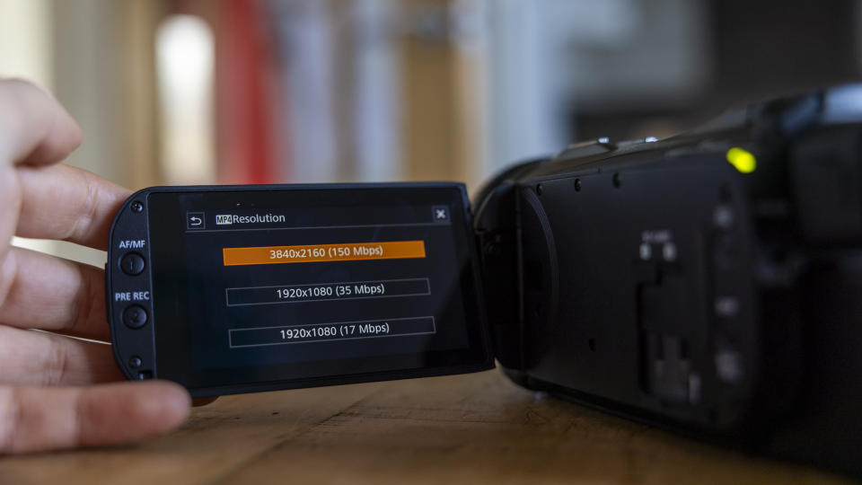 A close-up of the resolution options on the menu of the Canon HF G70