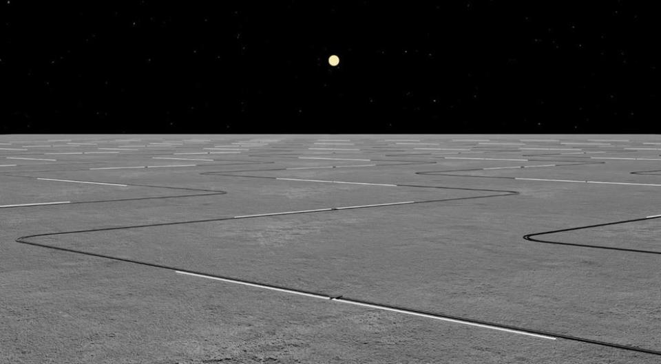 black and white cables zig zag across the flat grey lunar surface toward the horizon where a faint yellow sun hangs in the blackness of space