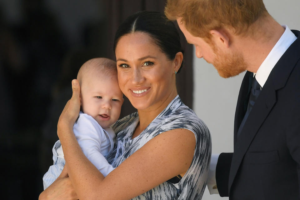 Prince Harry, Duke of Sussex and Meghan, Duchess of Sussex and their baby son Archie Mountbatten-Windsor at a meeting with Archbishop Desmond Tutu at the Desmond & Leah Tutu Legacy Foundation during their royal tour of South Africa on September 25, 2019 in Cape Town, South Africa