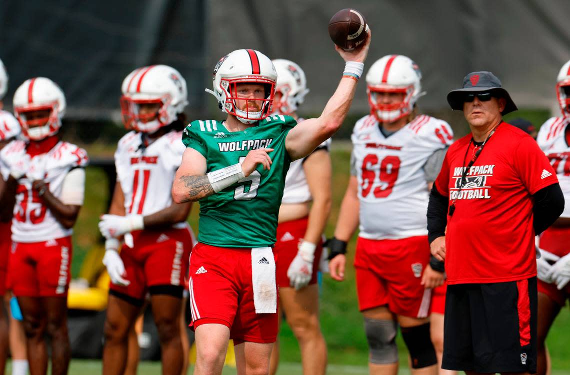 N.C. State quarterback Brennan Armstrong (5) passes during the Wolfpack’s first fall practice in Raleigh, N.C., Wednesday, August 2, 2023. Ethan Hyman/ehyman@newsobserver.com