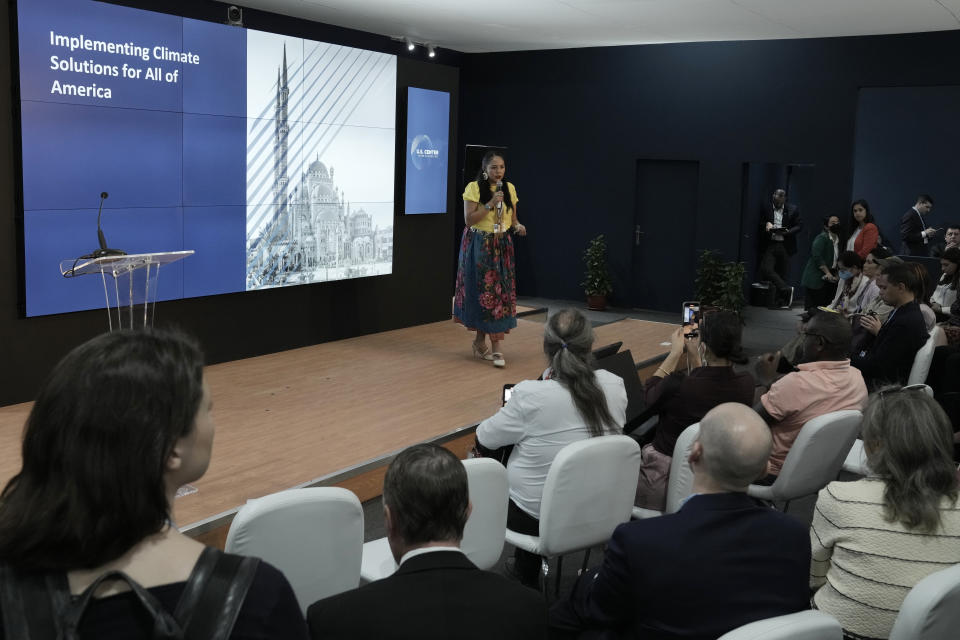 Janene Yazzie, of the U.N. Indigenous Peoples Major Group on Sustainable Development, speaks at the opening of the U.S. Pavilion at the COP27 U.N. Climate Summit, Tuesday, Nov. 8, 2022, in Sharm el-Sheikh, Egypt. (AP Photo/Nariman El-Mofty)