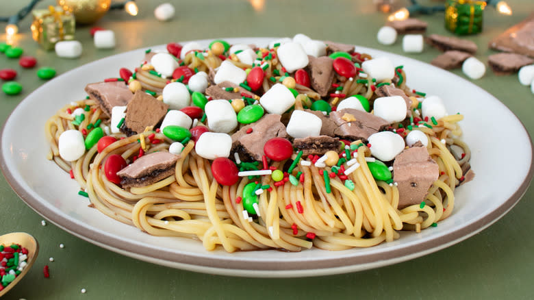 elf sweet syrup spaghetti with candy topping