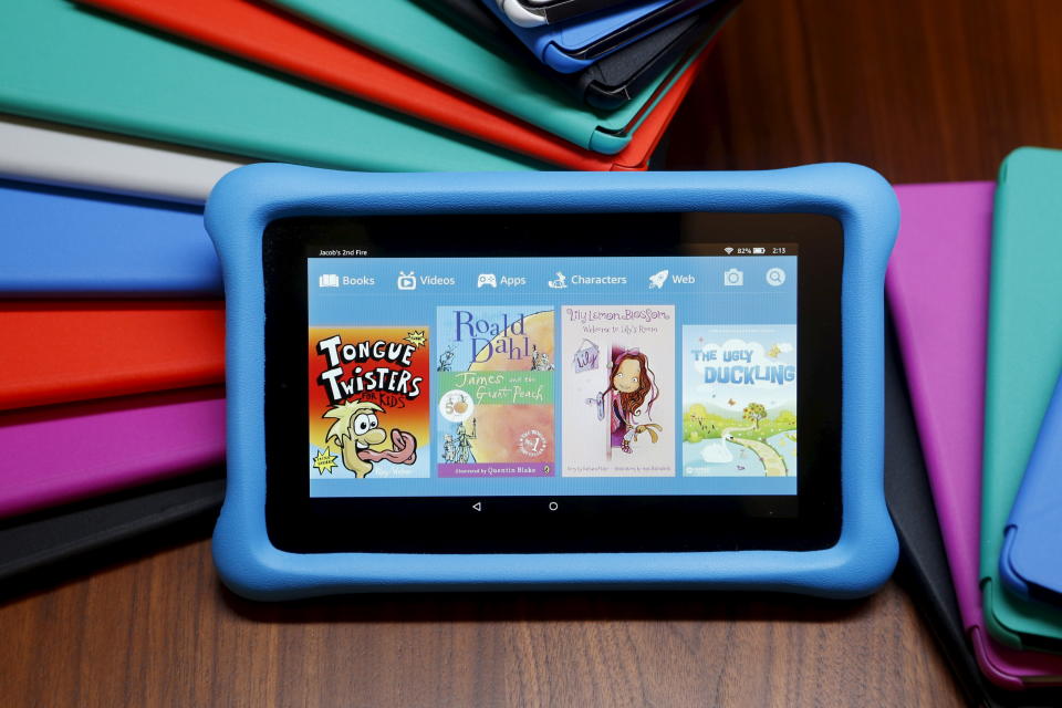 The new Amazon Fire kid's edition tablet is displayed during a media event introducing new Amazon products in San Francisco, California September 16, 2015. Photo taken September 16, 2015.  REUTERS/Beck Diefenbach