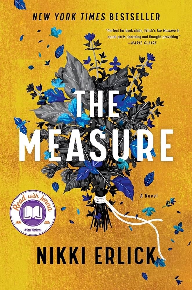 Cover of "The Measure" by Nikki Erlick with floral graphics and a "Read with Jenna" sticker