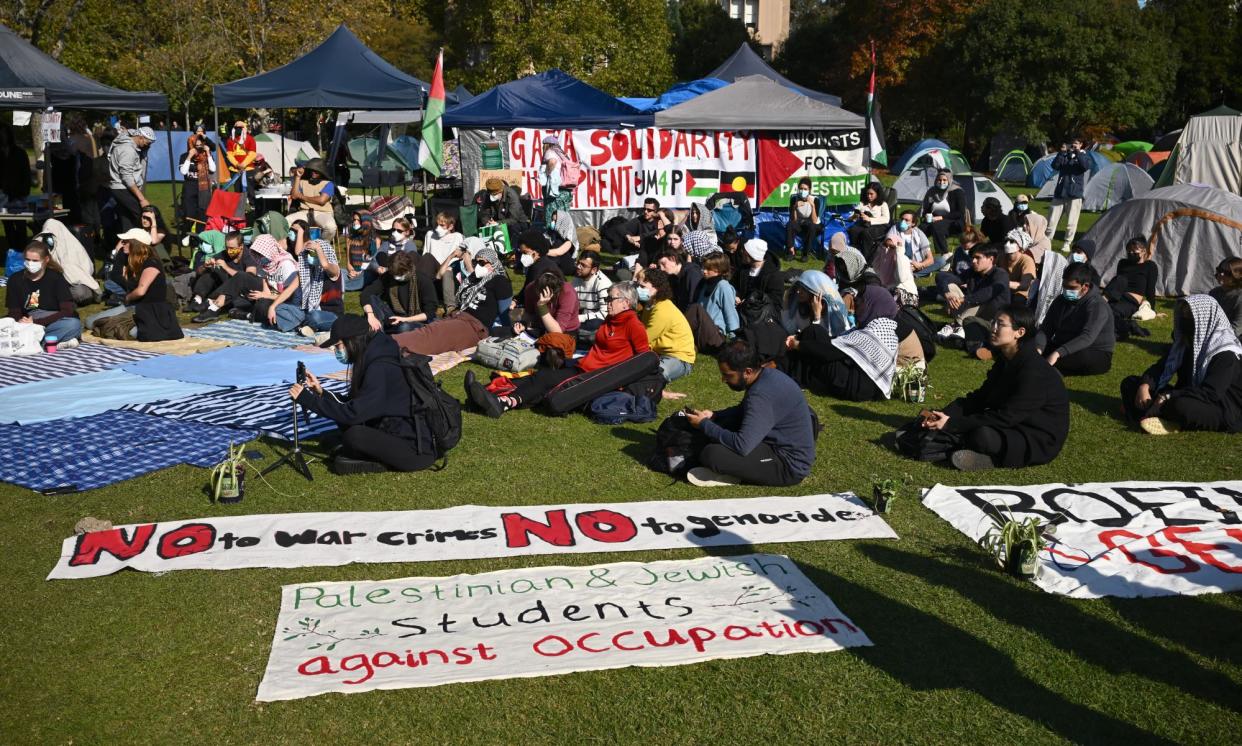 <span>Pro-Palestine camps have been established across a number of Australian universities to protest involvement in the Israel-Gaza war.</span><span>Photograph: Joel Carrett/AAP</span>