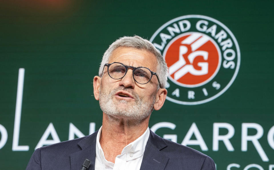 President of the French Tennis Federation Gilles Moretton speaks during the draw of the French Open tennis tournament at the Roland Garros stadium in Paris, Thursday, May 19, 2022. The French Open tennis tournament starts Sunday May 22. (AP Photo/Michel Euler)