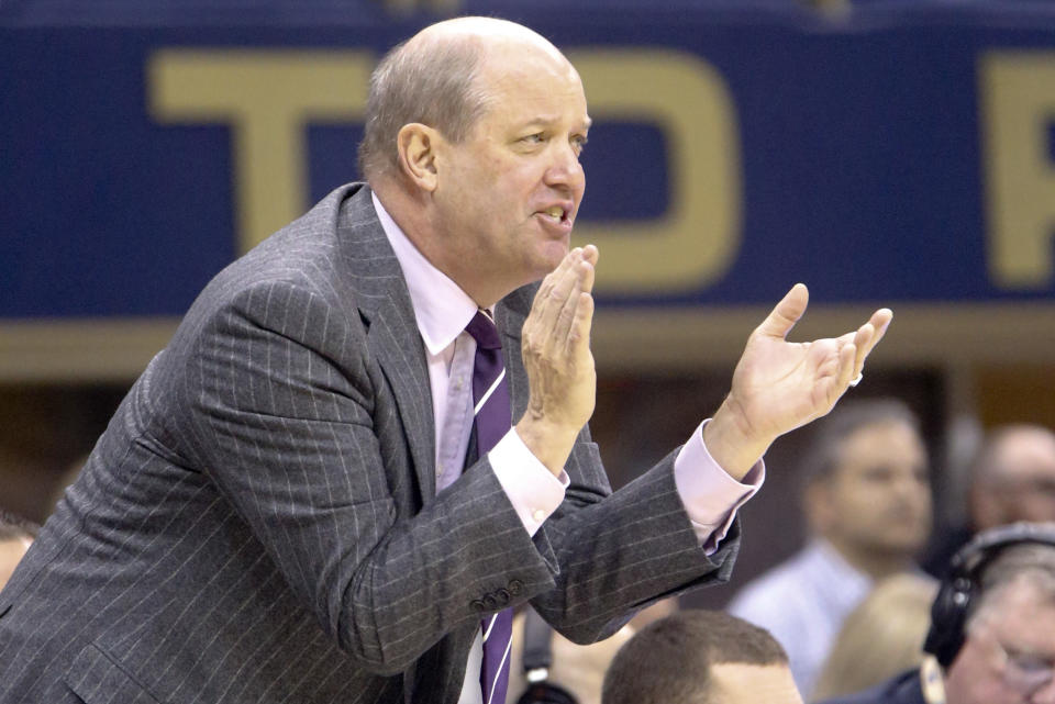 Pittsburgh head coach Kevin Stallings yells to his team as they play against Miami during the first half of an NCAA college basketball game, Saturday, Dec. 30, 2017, in Pittsburgh. (AP Photo/Keith Srakocic)