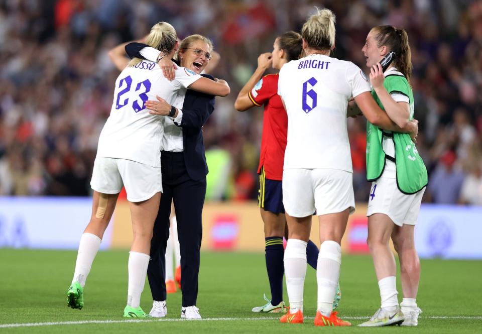 Sarina Wiegman celebrates with Alessia Russo and Millie Bright of England after their sides victory (Getty Images)