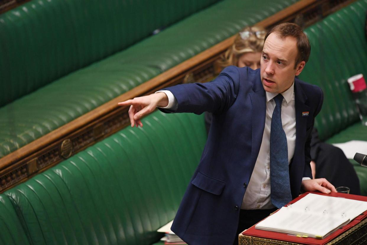 Health Secretary Matt Hancock opens a debate on the emergency Coronavirus Bill in the House of Commons: AFP via Getty Images