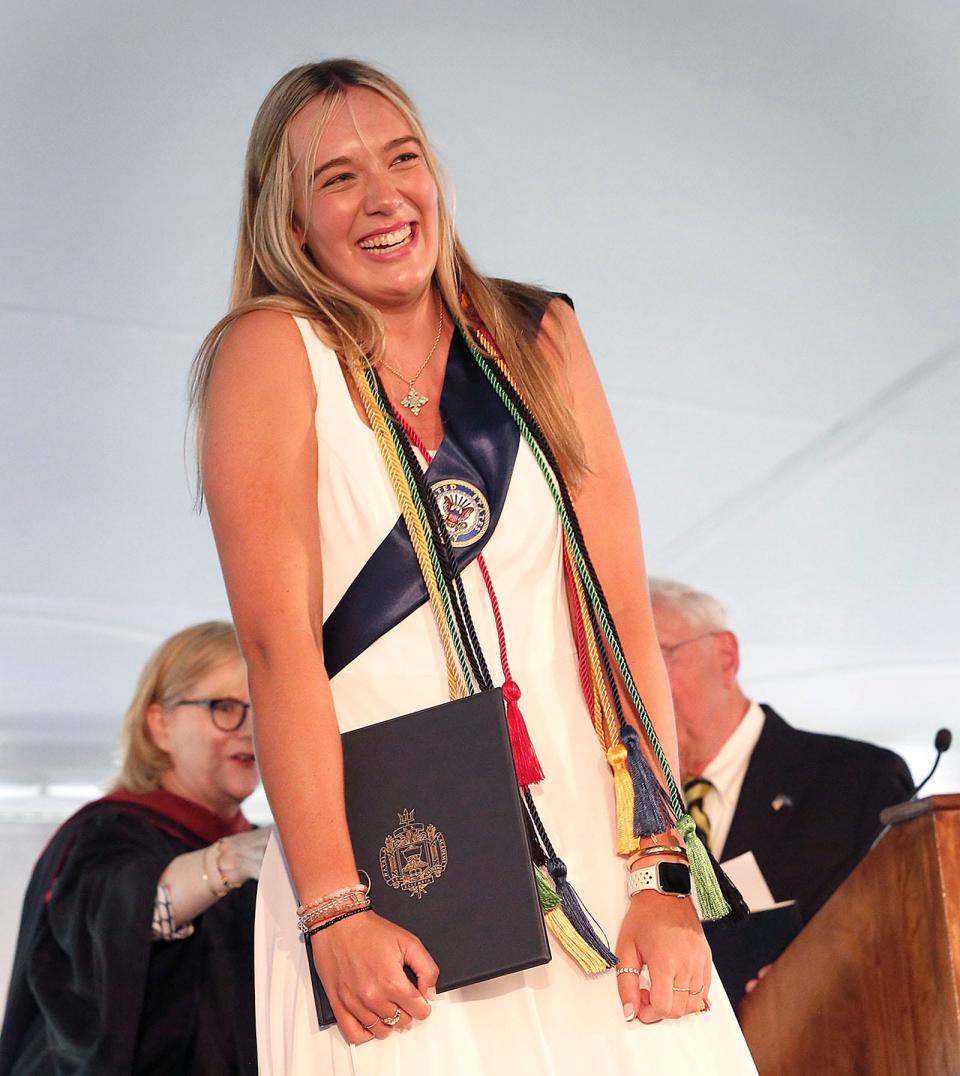 Grace Burgoyne, of Marshfield, at her Notre Dame Academy graduation in Hingham on Friday, May 19, 2023.