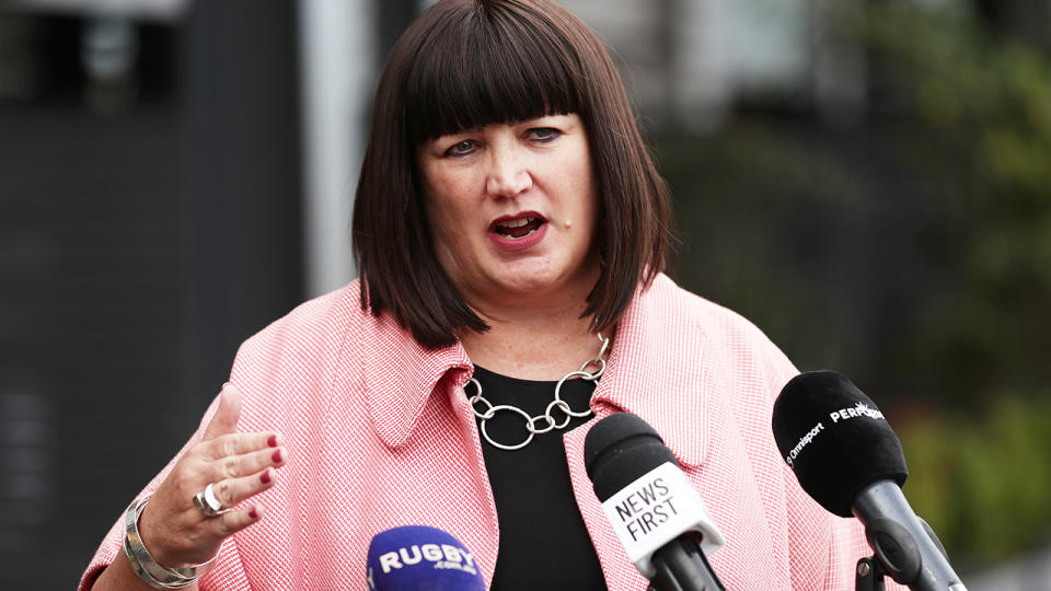 Rugby Australia CEO Raelene Castle, pictured here speaking to the media in Sydney.