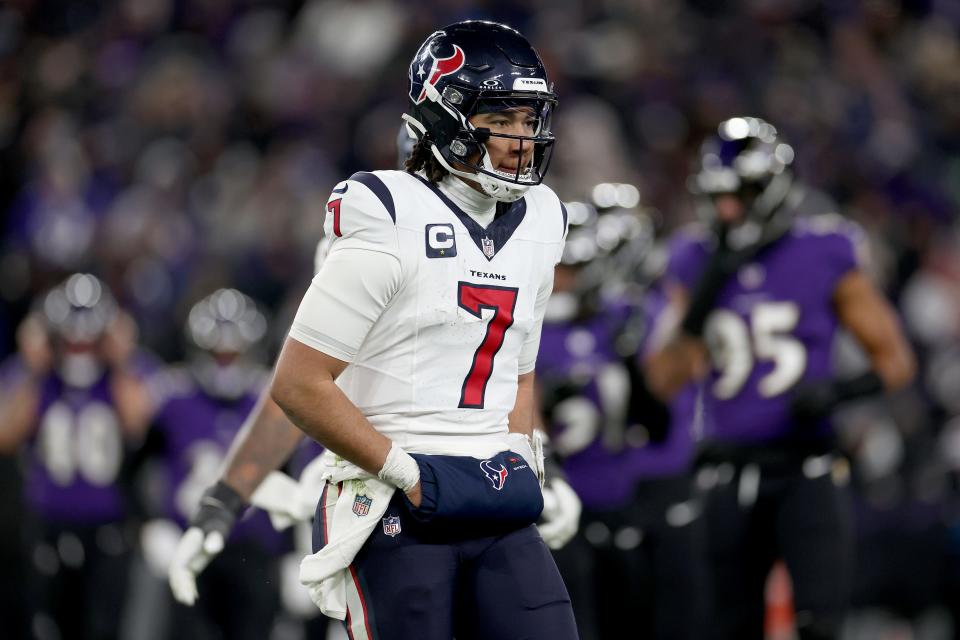 BALTIMORE, MARYLAND - JANUARY 20: C.J. Stroud #7 of the Houston Texans reacts after a failed 3rd down conversion against the Baltimore Ravens during the fourth quarter in the AFC Divisional Playoff game at M&T Bank Stadium on January 20, 2024 in Baltimore, Maryland. (Photo by Rob Carr/Getty Images)