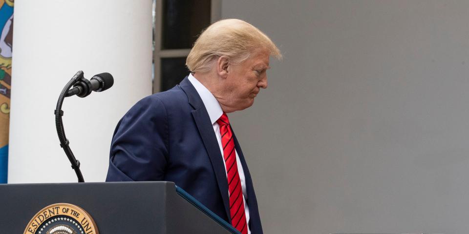 President Donald Trump departs after speaking about the coronavirus during a press briefing in the Rose Garden of the White House, Monday, May 11, 2020, in Washington. (AP Photo/Alex Brandon)