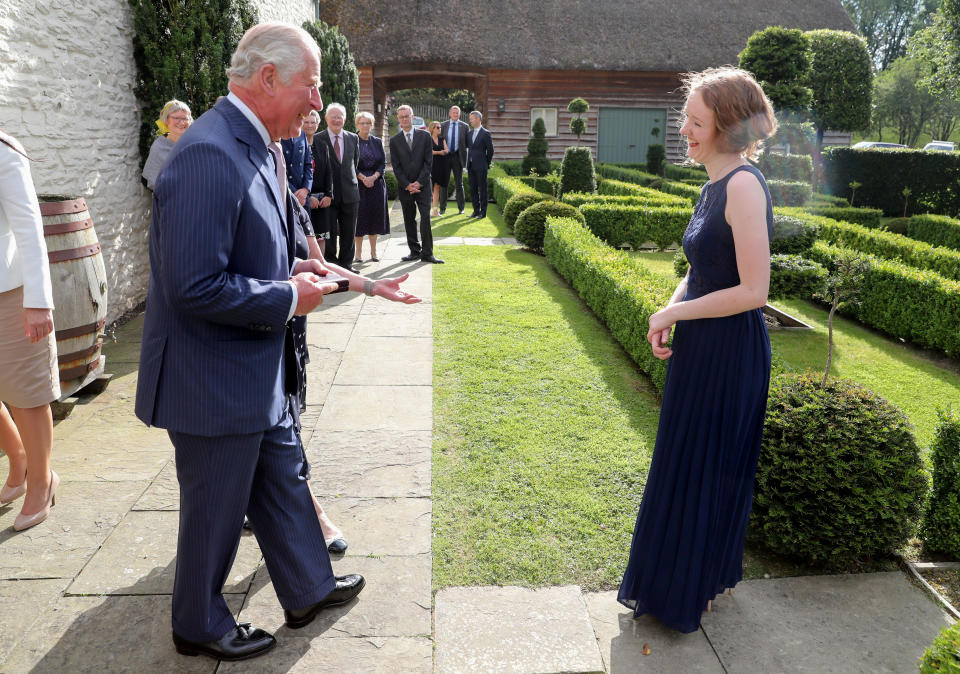LLANDOVERY, WALES - JULY 02: Prince Charles, Prince of Wales presents Alis Huws, new Official Harpist to HRH The Prince of Wales, with the Royal Harpist&#39;s brooch, during a musical evening hosted at The Prince and The Duchess&#x002019; official Welsh residence; Llwynywermod on July 02, 2019 in Llandovery, Wales. (Photo by Chris Jackson/Getty Images)