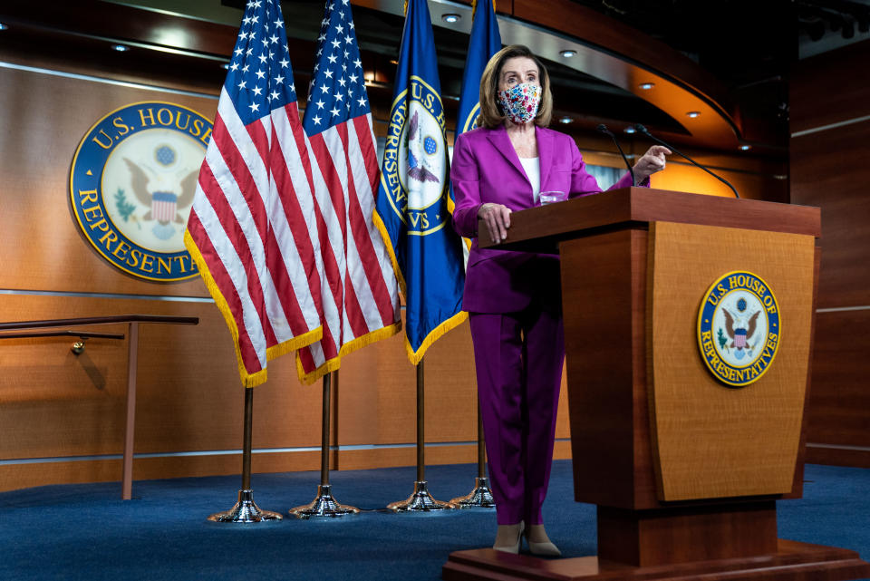 Speaker of the House Nancy Pelosi (D-CA) takes questions from reporters during a press conference on Capitol Hill a day after a pro-Trump mob broke into the U.S. Capitol Building while Congress voted to certify on Thursday, Jan. 7, 2021 in Washington, DC. (Kent Nishimura / Los Angeles Times via Getty Images)
