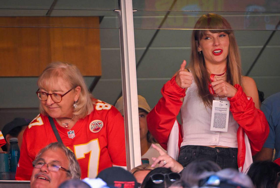 Donna Kelce, left, mother of Chiefs tight end Travis Kelce, watches the game with pop superstar Taylor Swift on Sunday, Sept. 24, 2023, at GEHA Field at Arrowhead Stadium in Kansas City, Missouri. (Tammy Ljungblad/Kansas City Star/Tribune News Service via Getty Images)