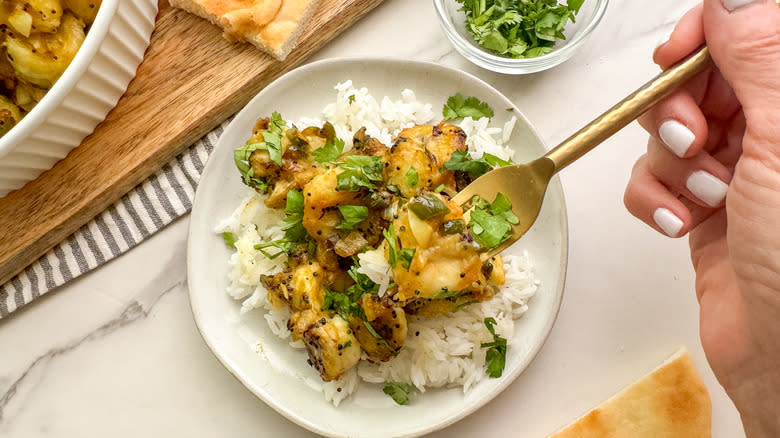 hand holding fork in curry