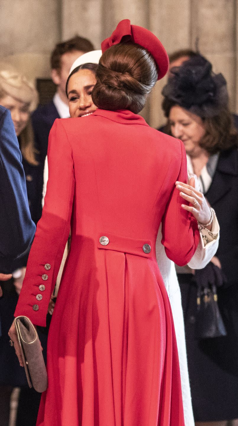 <p>The Duchess of Cambridge and Sussex shared a smile at this year's Commonwealth day service at Westminster Abbey.</p>