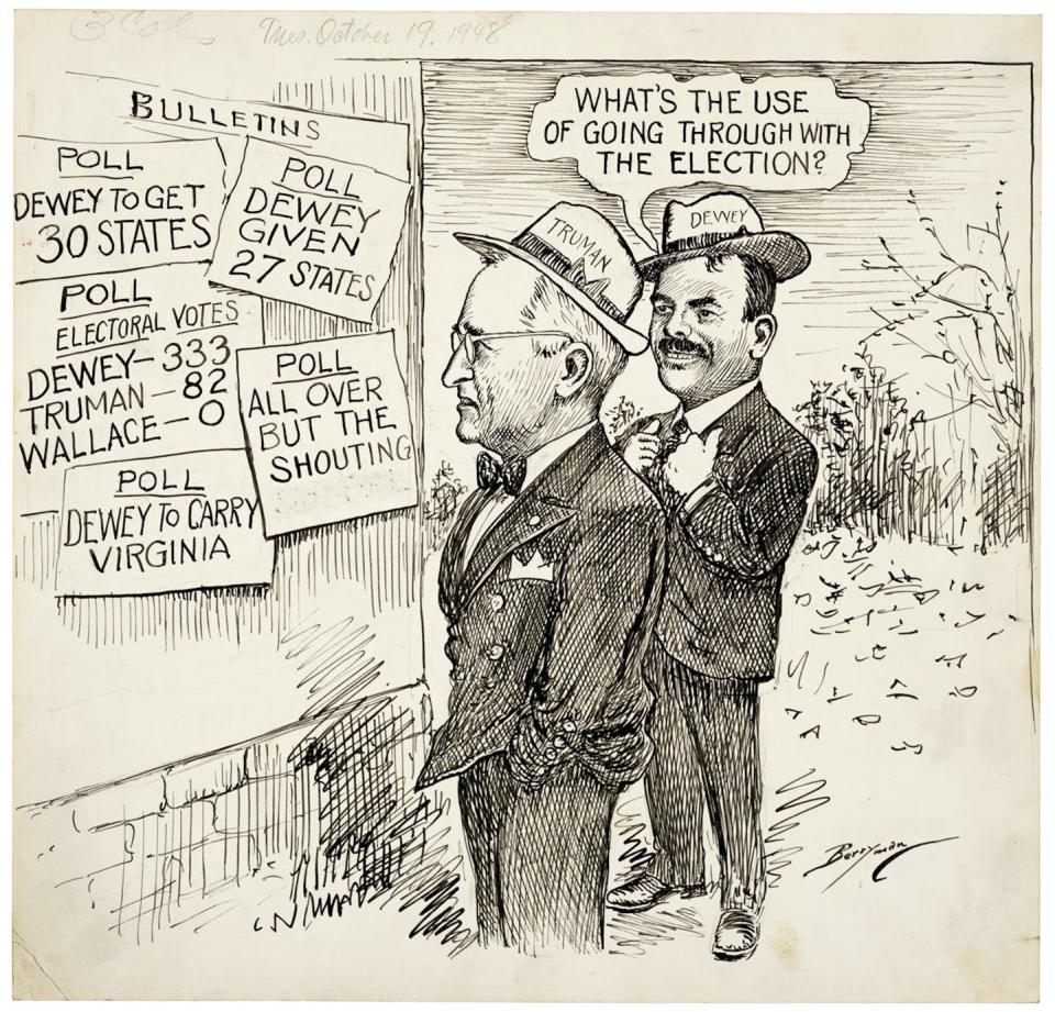 A cartoon published two weeks before the 1948 election, in which Dewey was expected to win the presidency by a wide margin – but didn’t. <a href="https://catalog.archives.gov/id/306150" rel="nofollow noopener" target="_blank" data-ylk="slk:Clifford Kennedy Berryman, Artist/National Archives, Records of the U.S. Senate, 1789 - 2015;elm:context_link;itc:0;sec:content-canvas" class="link ">Clifford Kennedy Berryman, Artist/National Archives, Records of the U.S. Senate, 1789 - 2015</a>