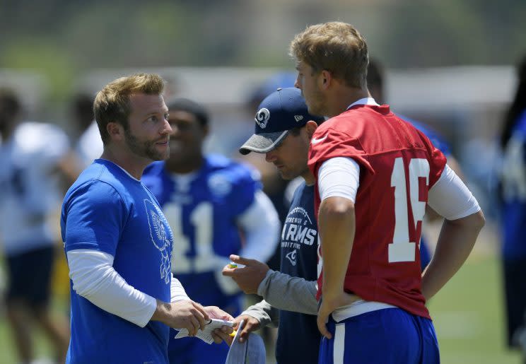 New Rams head coach Sean McVay works with second-year quarterback Jared Goff. (AP)