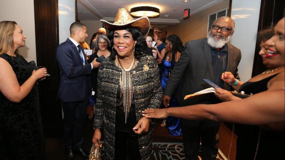 U.S. Rep. Frederica Wilson arrives for the gala at the Florida Democratic Party’s annual Leadership Blue Weekend at the Fontainebleau Hotel in Miami Beach, Florida, on Saturday, July 8, 2023.