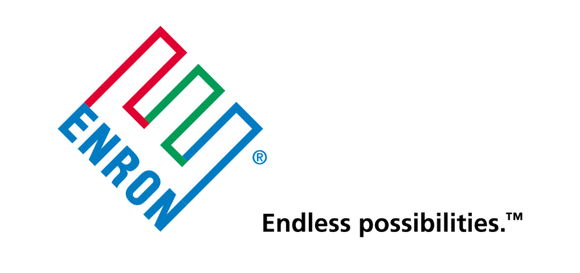 Multicolored E pointing diagonally upward, along with word Enron and slogan.