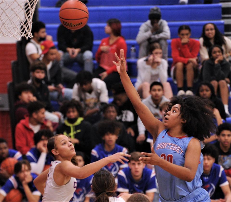 Lubbock Monterey's Kelly Mora, right, shoots over a Cooper defender in the second half.